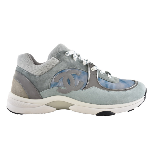 Chanel 20S Mens Grey Blue Silver White CC Logo Low Top Trainer Sneaker 44 11 - Picture 1 of 12
